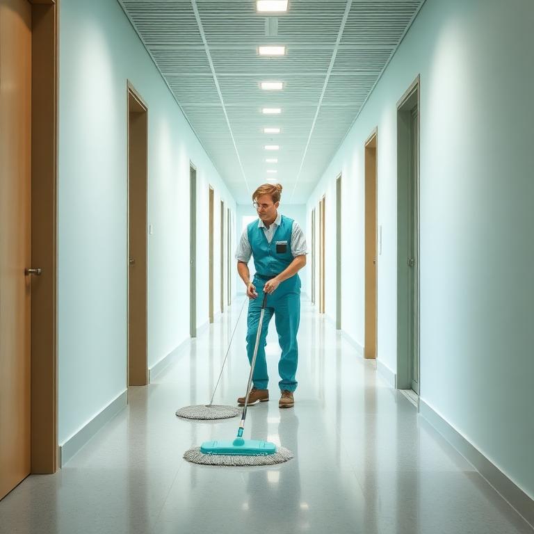 Commercial cleaner mopping an office hallway