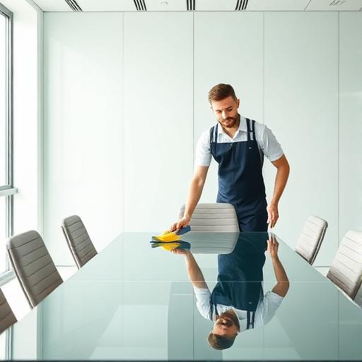 Cleaner polishing a boardroom table