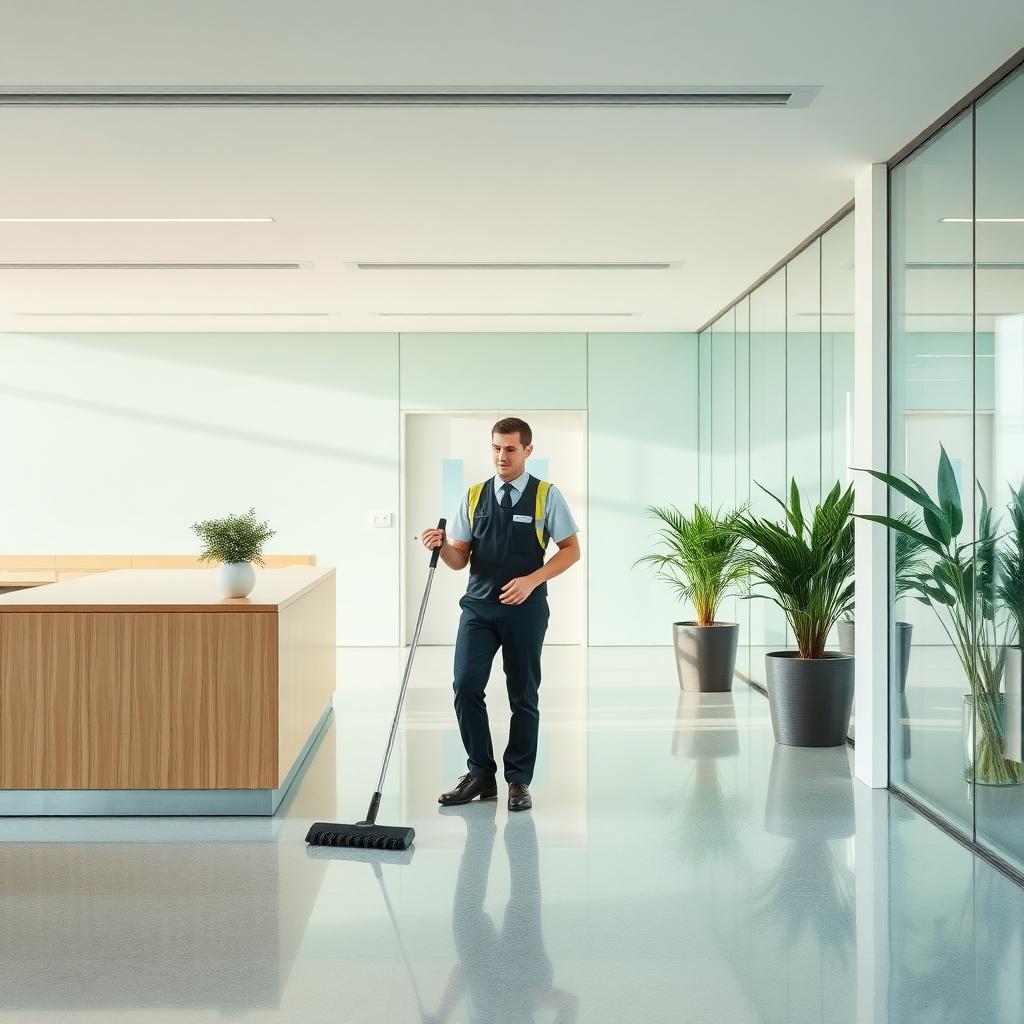 Commercial cleaner working in a modern office lobby
