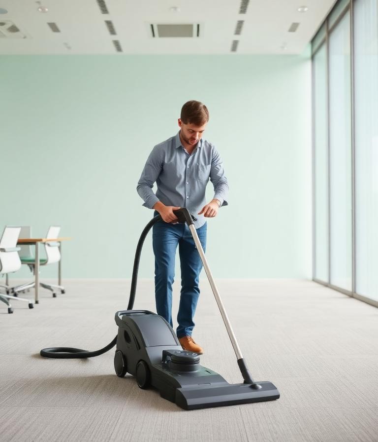 Cleaner vacuuming a corporate boardroom